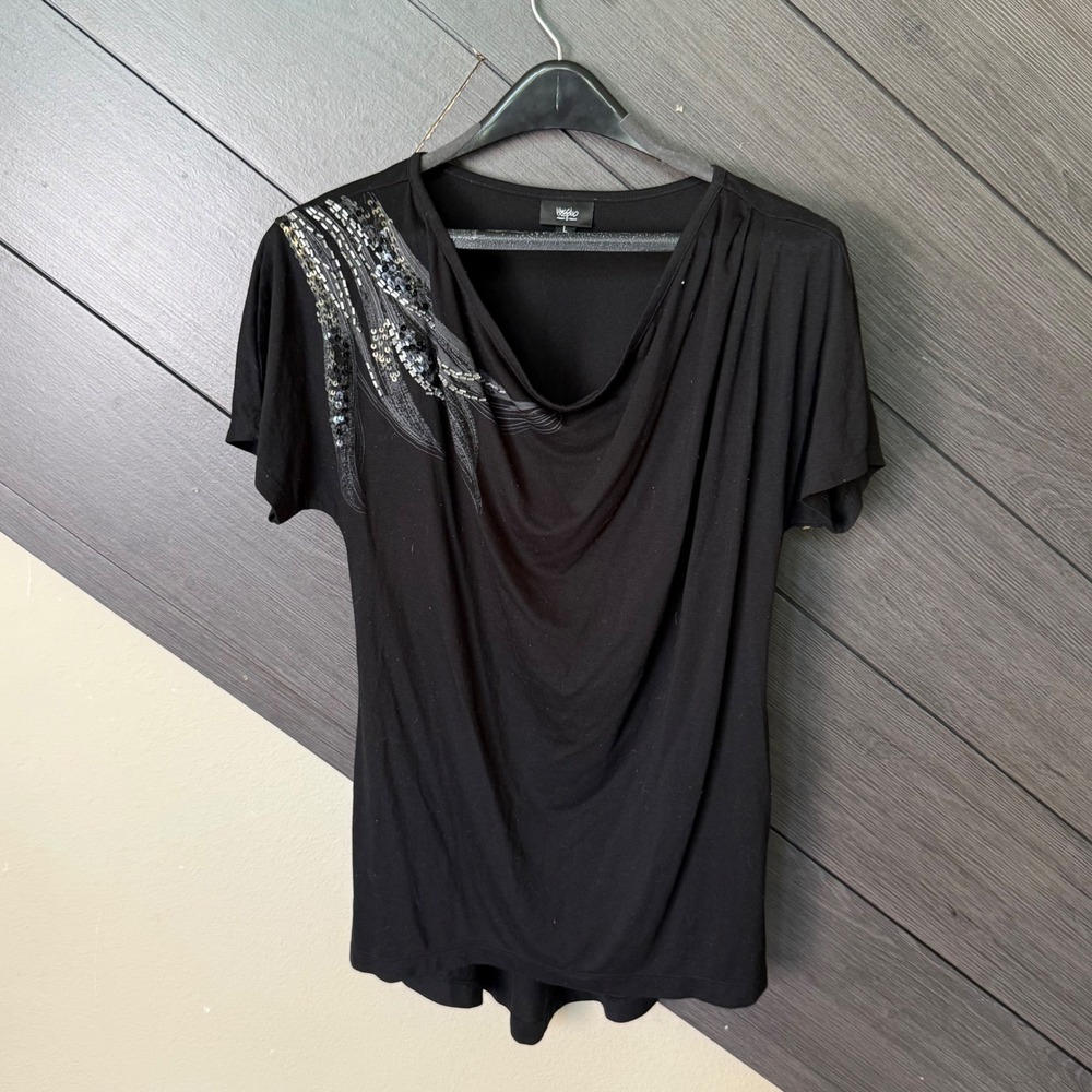Mossimo Women's Beaded Drape Neck Top Black Embellished Short Sleeve Large Y2K